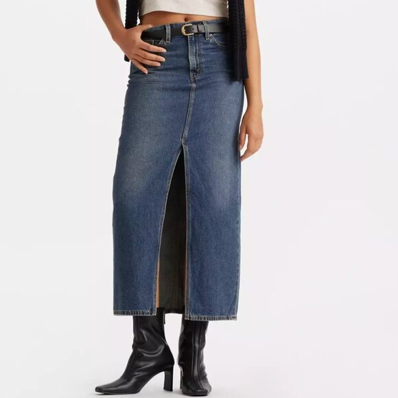 Levis Premium Ankle Column Skirt Dark Wash Denim Midi Centre Slit W 26 - Picture 1 of 16